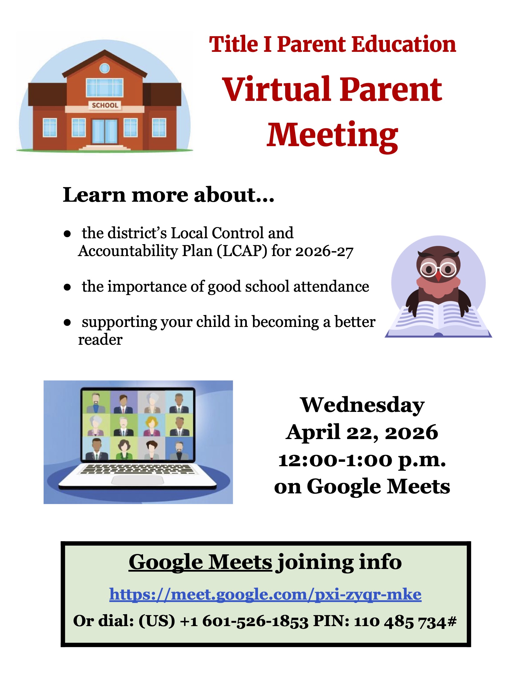 Title I Parent Education: Virtual Parent Meeting April 22, 2026 flyer