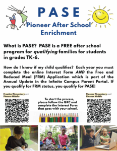 Pioneer After School Enrichment (PASE) Program Flyer 2025-2026