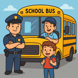 Police officer accompanying a school bus with kids